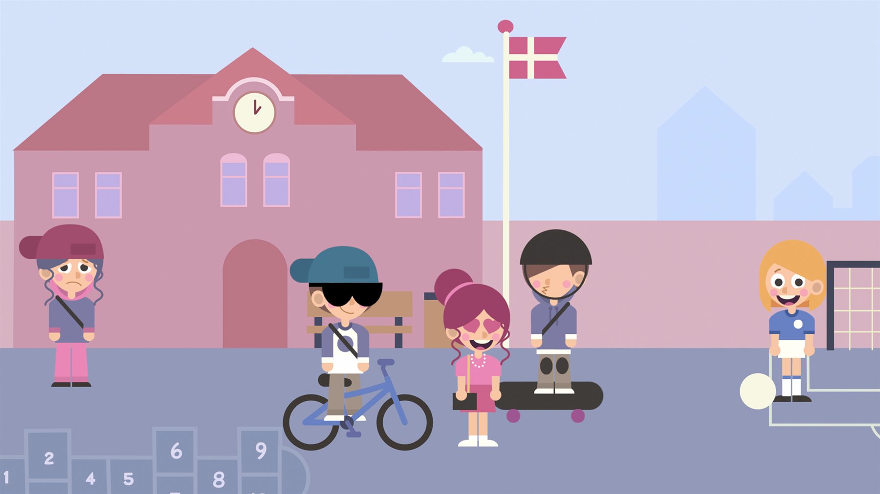StoryPlay fortællescene i en skolegård med elever, cykel og skateboard